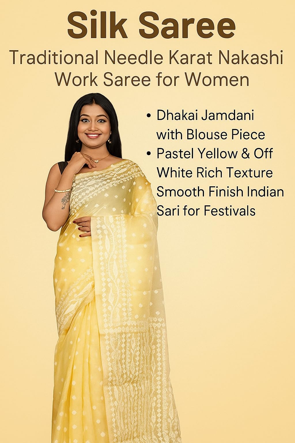 Bengal looms India Silk Saree Traditional Needle Karat Nakashi Work Saree for Women Dhakai Jamdani with Blouse Piece in Pastel Yellow & Off White Rich Texture Smooth Finish Indian Sari for Festivals - Image 3