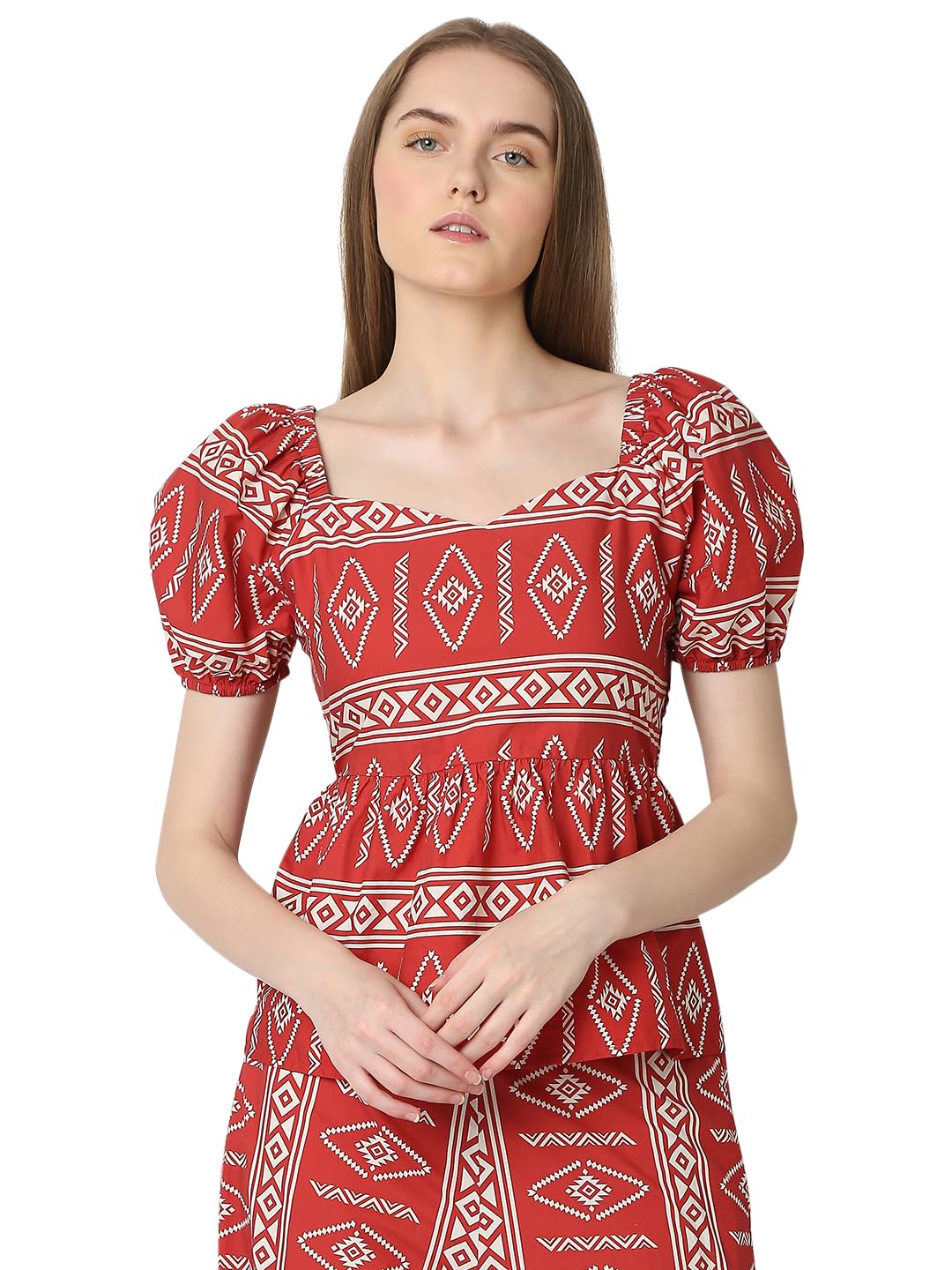 VERO MODA Women Ethnic Motifs Red Cotton Fit and Flare Top