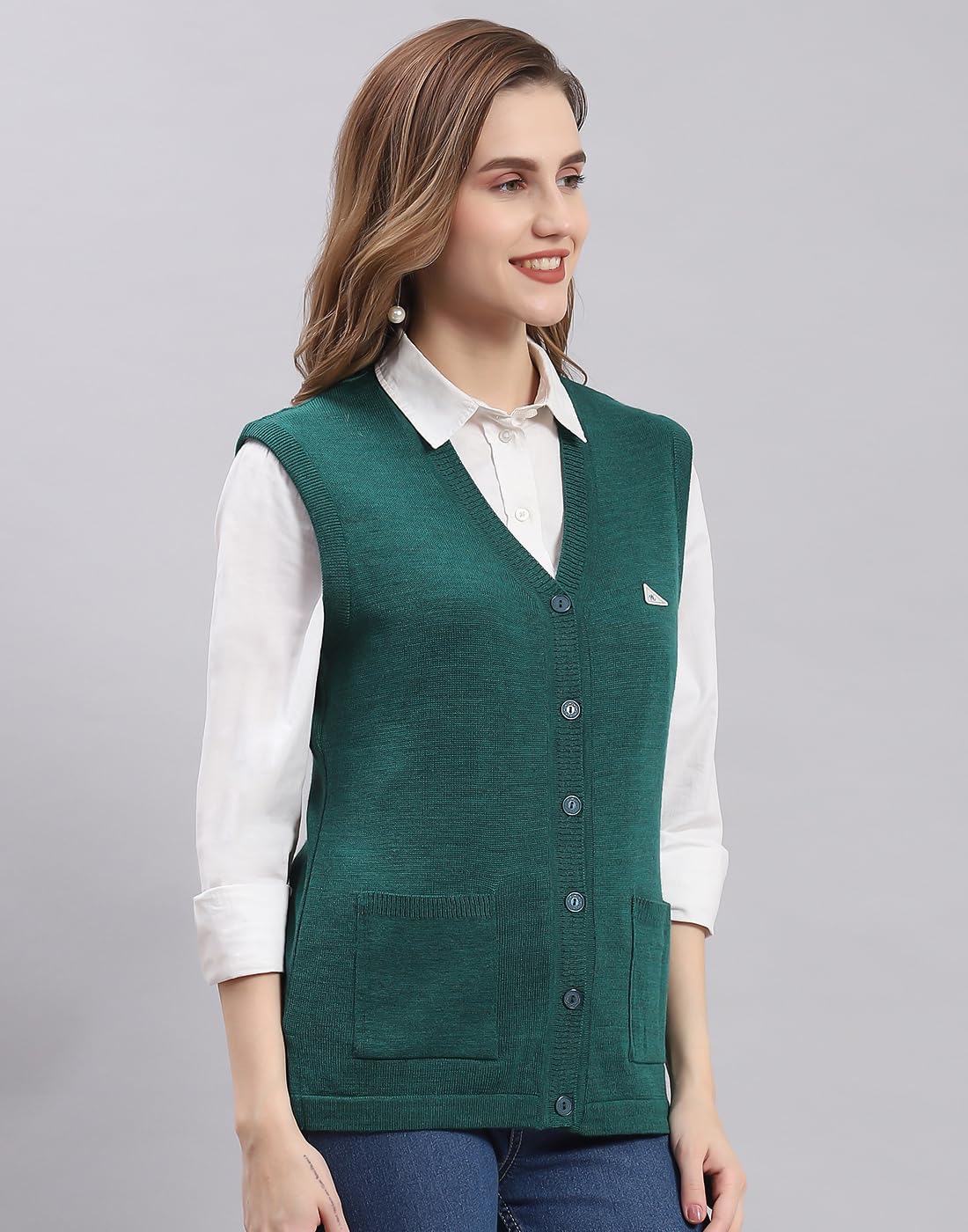Monte Carlo Womens Solid Green V Neck Sleeveless Cardigan (1240713SL-2348-36) - Image 5