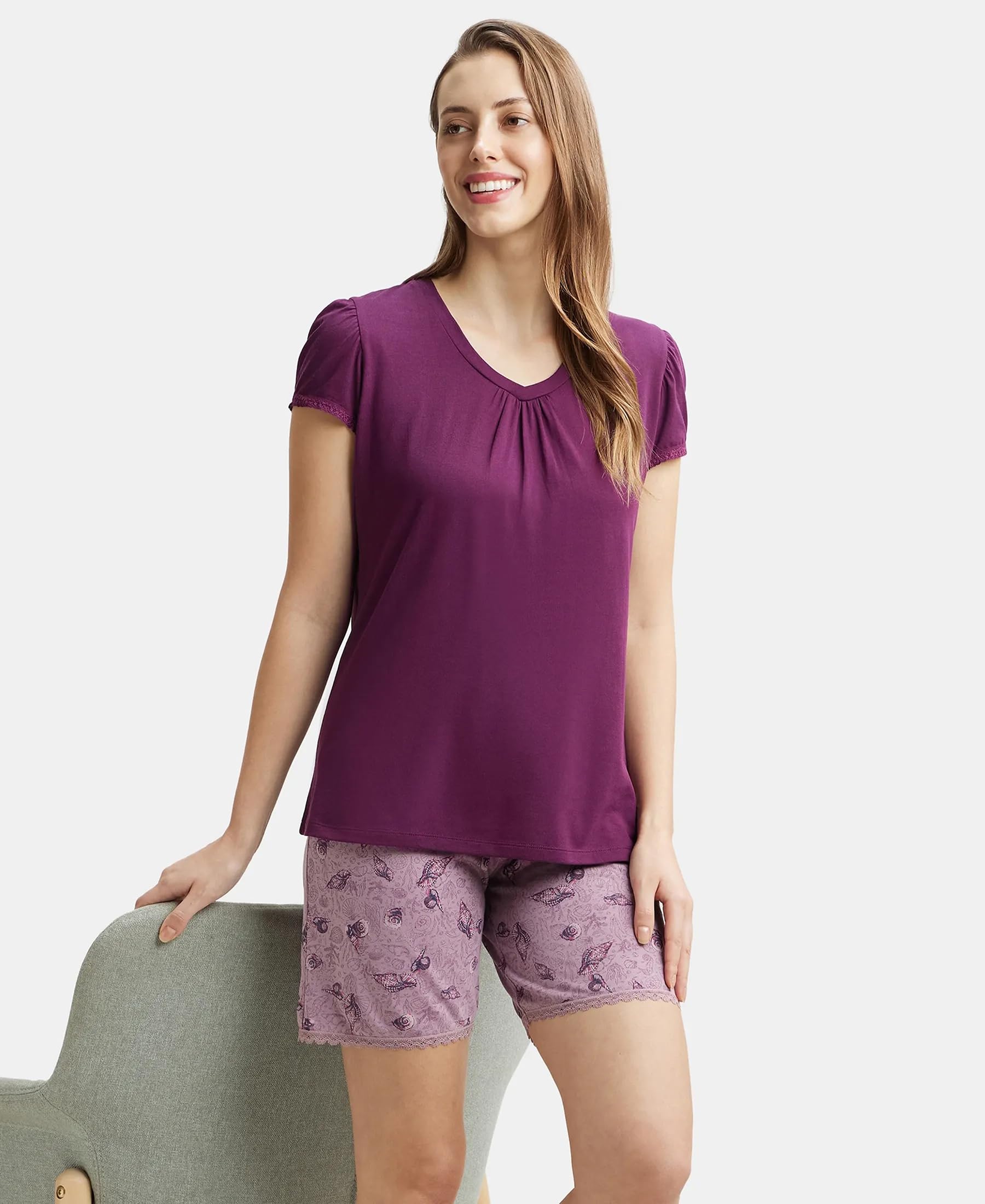 Jockey Women's Modal V - Neck T-Shirt (RX12-0105-PURWI_Purple Wine_X-Large) - Image 3
