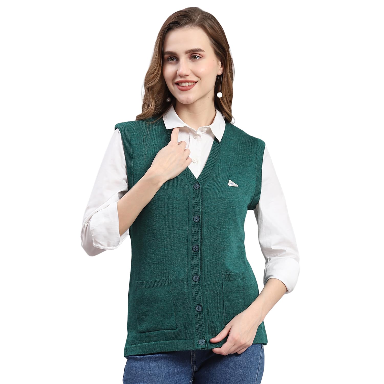 Monte Carlo Womens Solid Green V Neck Sleeveless Cardigan (1240713SL-2348-36)