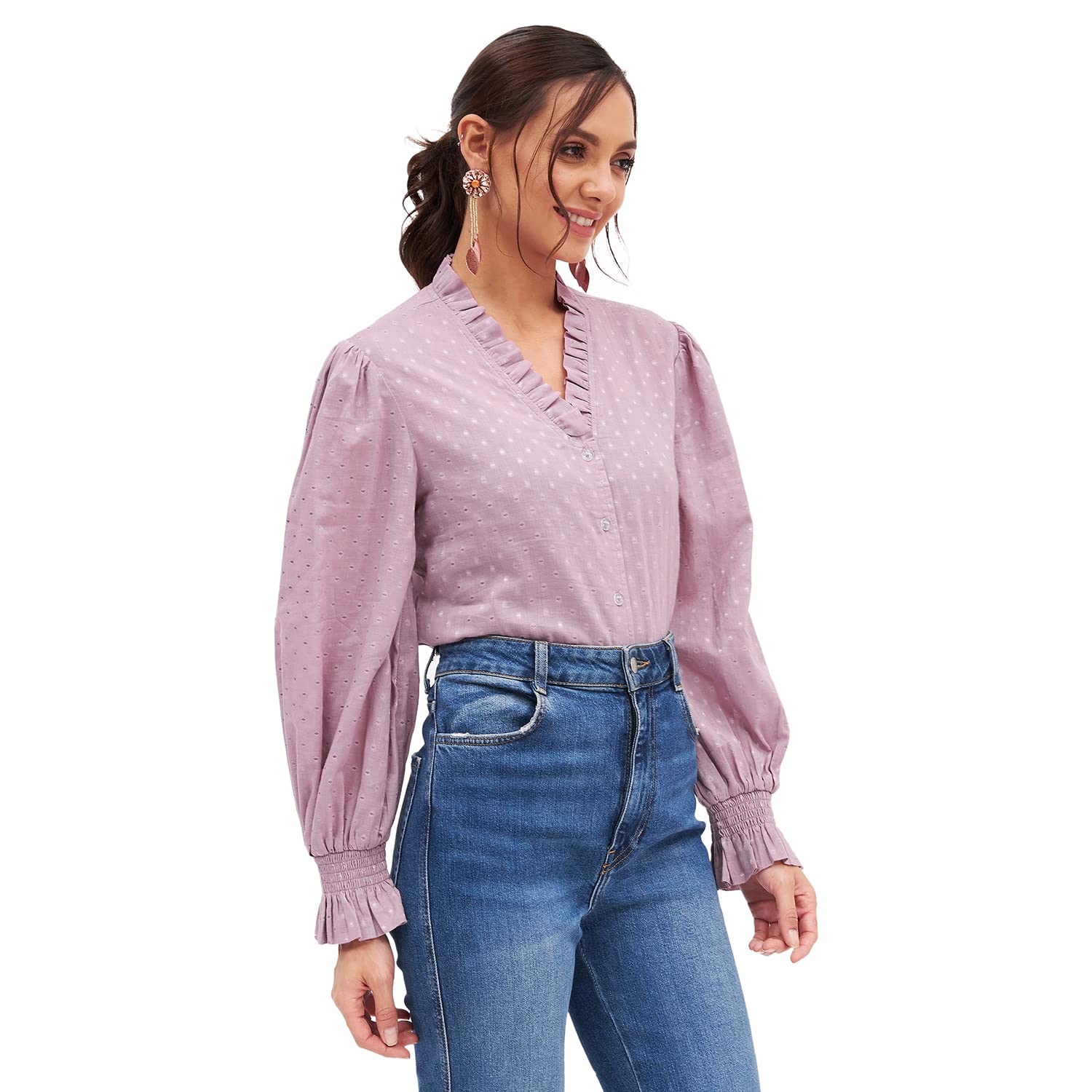 KIBO Women Pink Cotton Long Sleeve Self Design Crop Top - Medium - Image 4