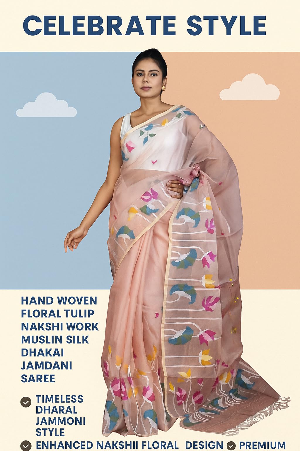 Bengal Looms Dhakai Jamdani Muslin Silk Saree with Blouse – Handwoven Floral Nakshi Design, Minakari Thread Work – Lightweight Traditional Ethnic Saree for Women (Apricot & Beige) - Image 6