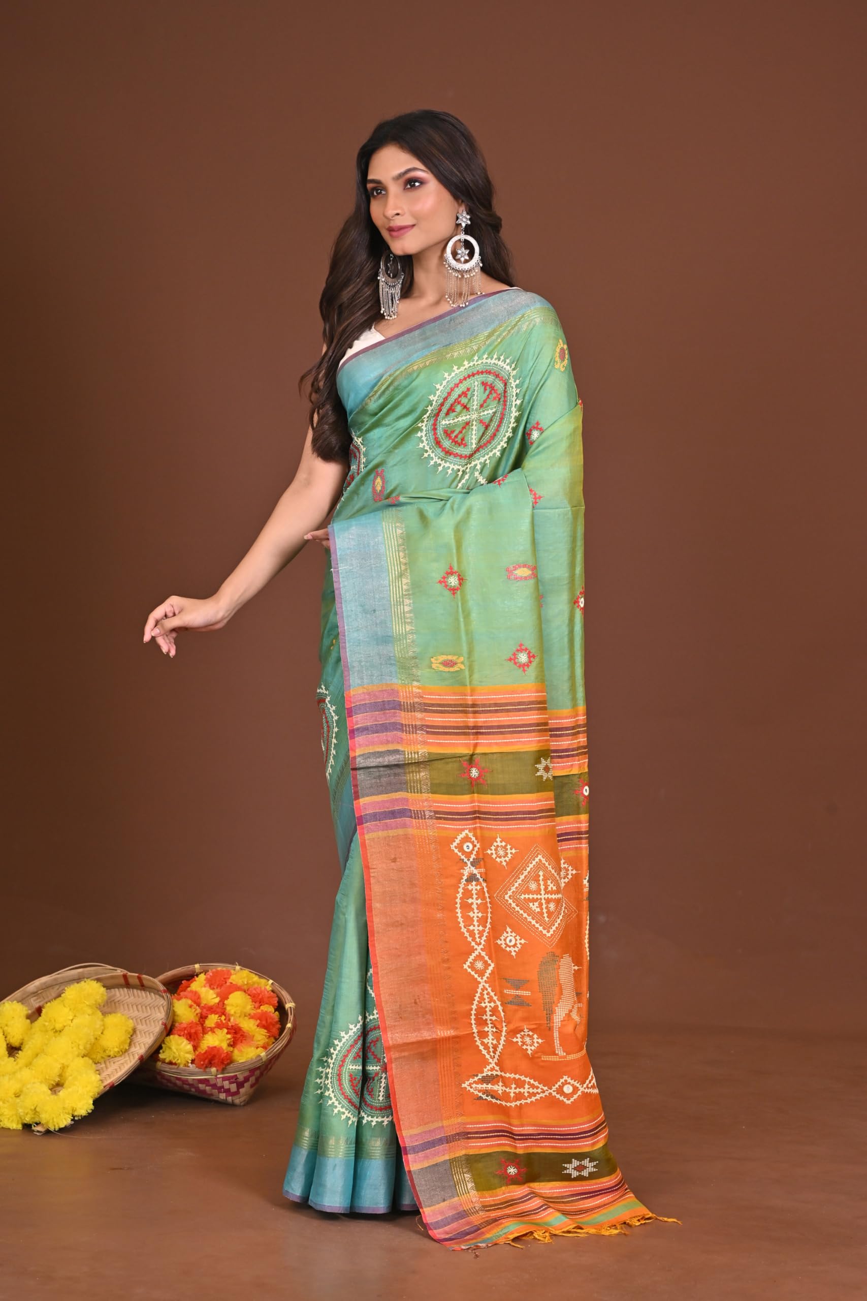 RAMSHYAM COLLECTION WOMEN'S SHARODIYA KATAN KALAKHETRA SAREE - Image 5