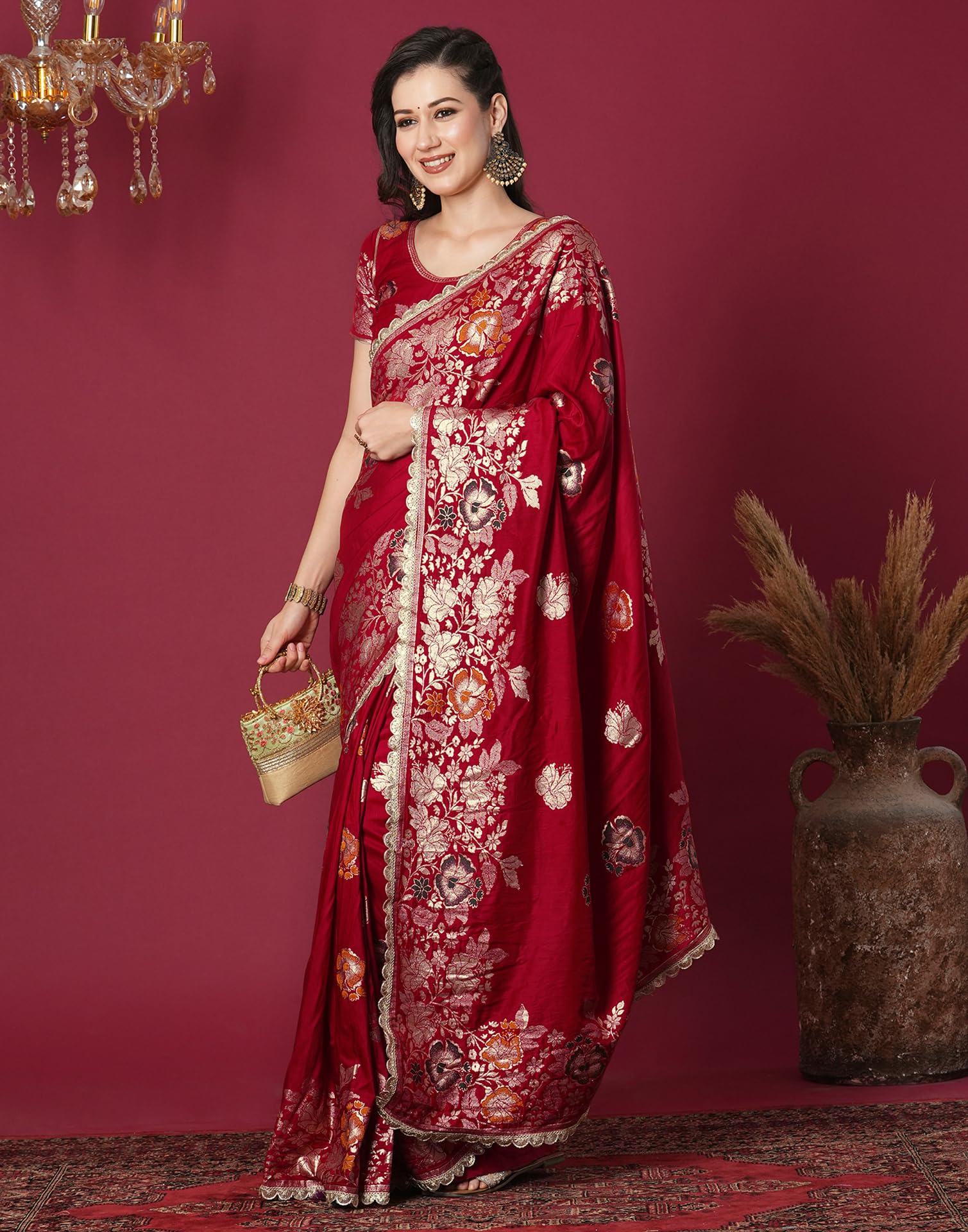 SIRIL Women's Kanjivaram Silk Saree Pure Silk Banarasi Saree With Unstitched Blouse Piece (4067S6420_Red) - Image 8