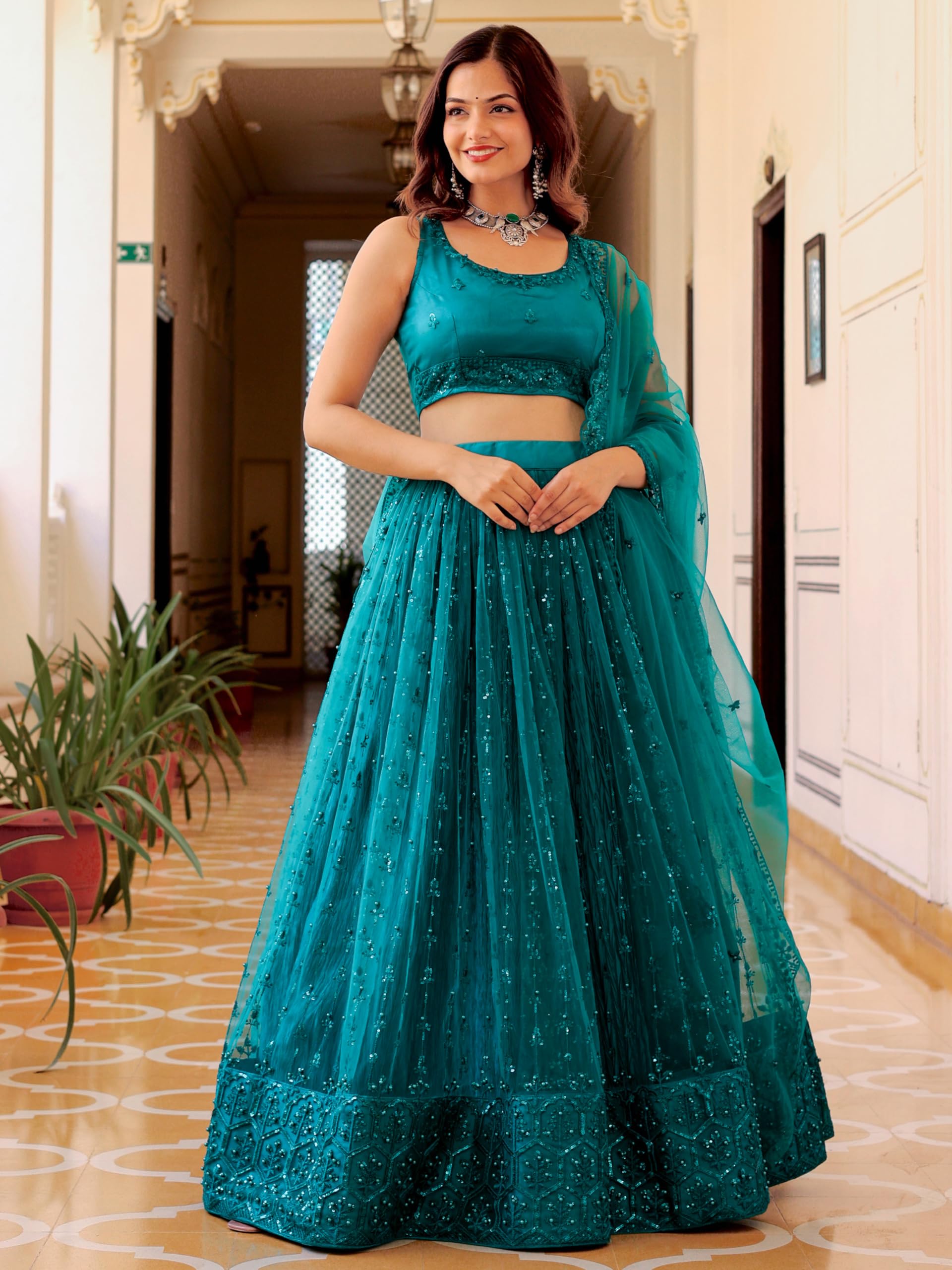 Zeel Clothing Women's Resham & Sequins Embroidered Soft Net Semi-stitched Designer Lehenga Choli Set With Dupatta (5056-Teal-Wedding-Bridal-Stylish-Latest; Free Size) - Image 9