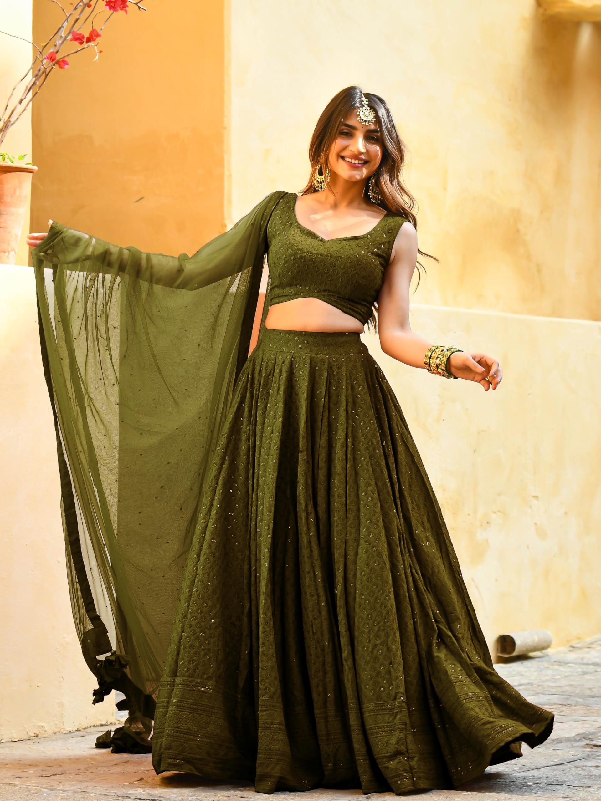 Zeel Clothing Women's Georgette Semi-Stitched Sequins Thread Embroidered Lehenga Choli With Dupatta (5124-Mehndi--Lehenga-Choli-Latest; Free Size) (Mehndi) - Image 5