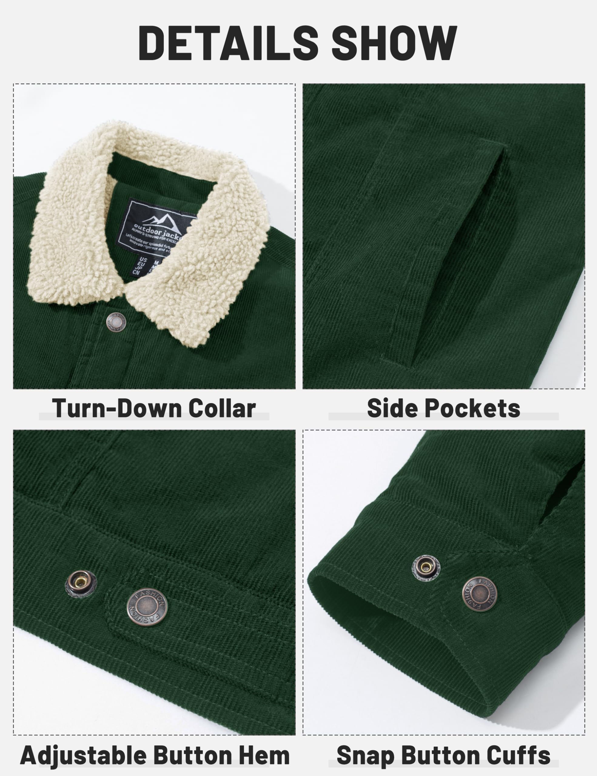 TACVASEN Men's Corduroy Jacket Fleece Sherpa Lined Winter Coats Warm Thick Cotton Casual Lapel Trucker Cargo Jacket, Green, Large - Image 2