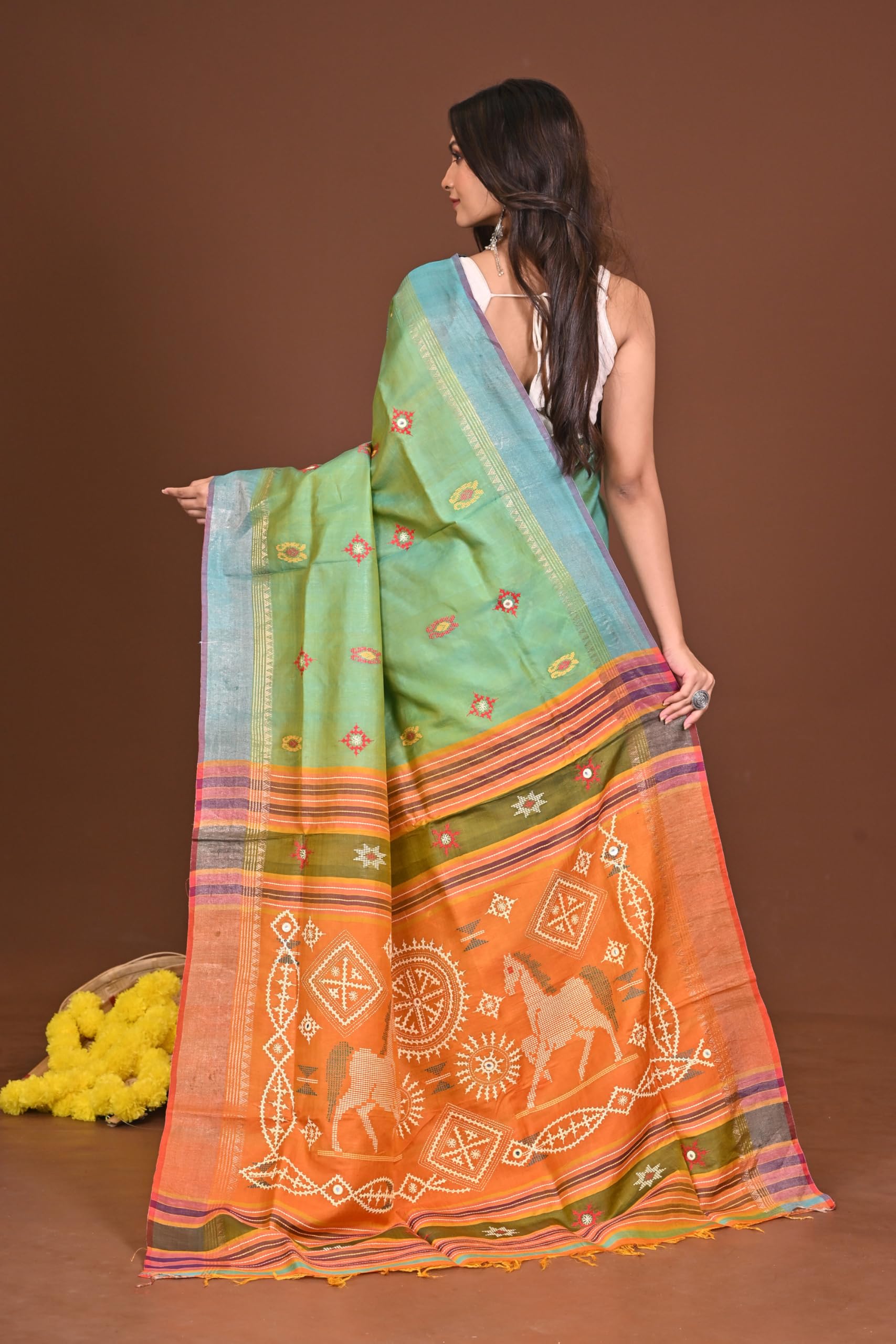 RAMSHYAM COLLECTION WOMEN'S SHARODIYA KATAN KALAKHETRA SAREE - Image 7