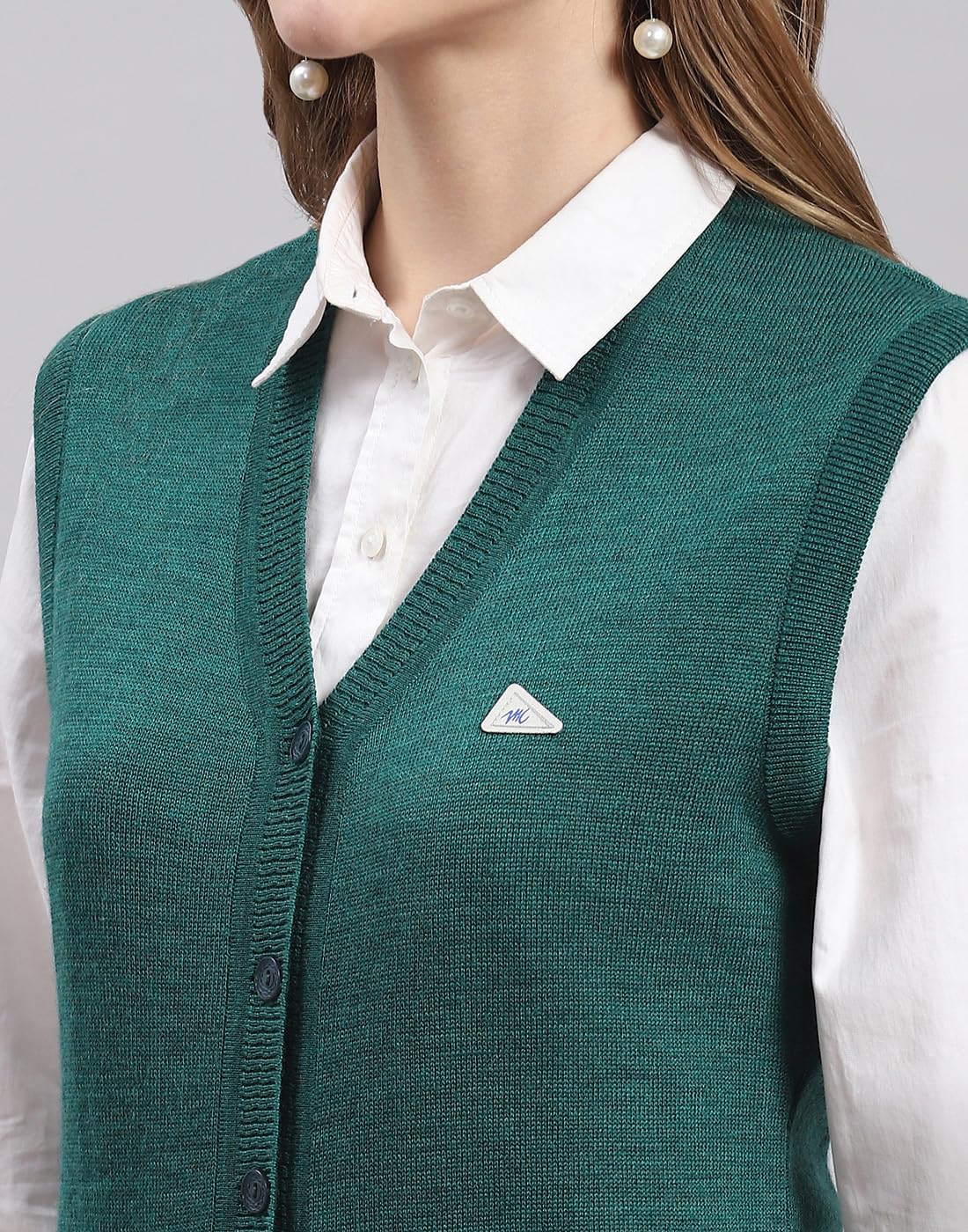 Monte Carlo Womens Solid Green V Neck Sleeveless Cardigan (1240713SL-2348-36) - Image 2