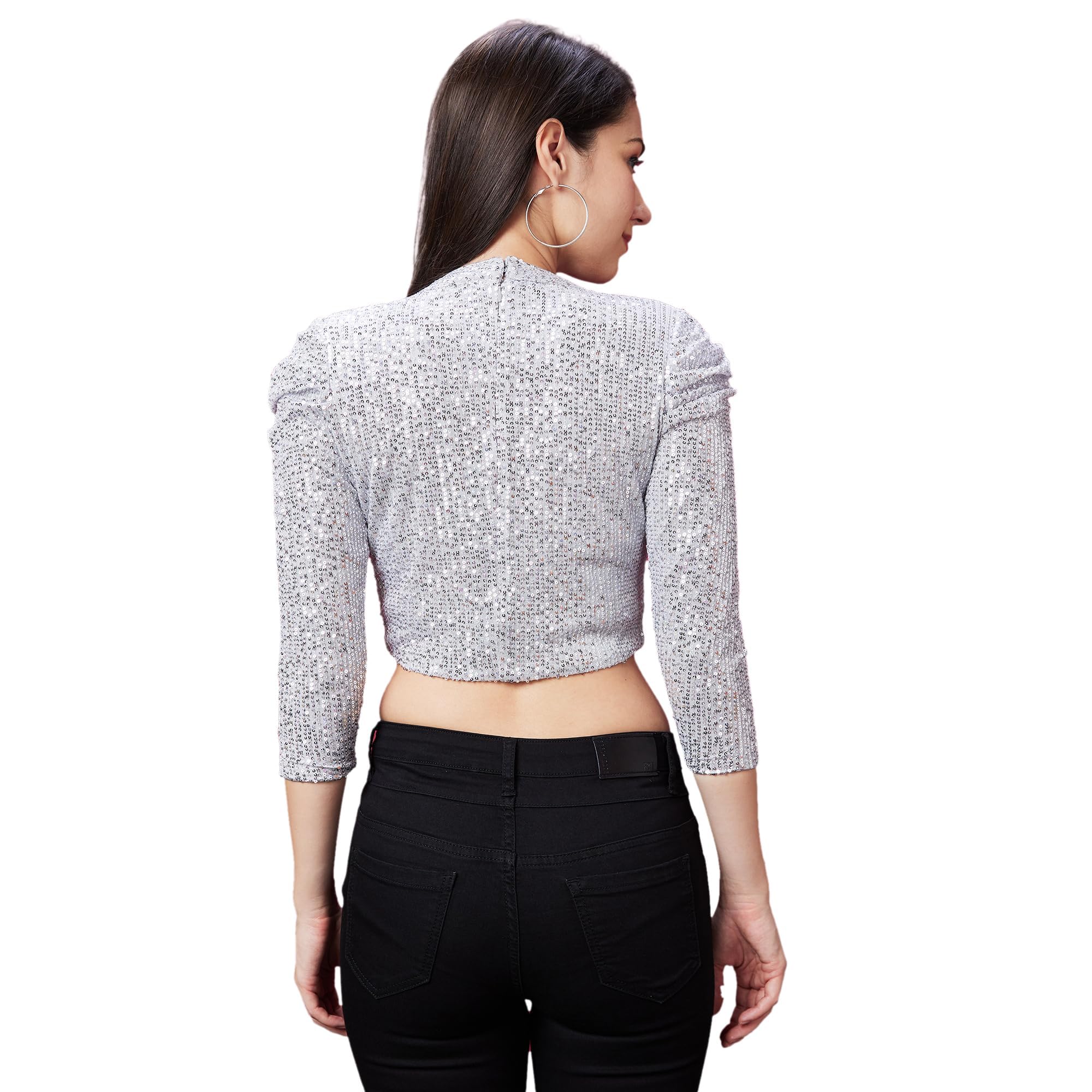 Globus Women Silver Sequinned Stripes Round Neck Crop Party Top3639966005 - Image 5