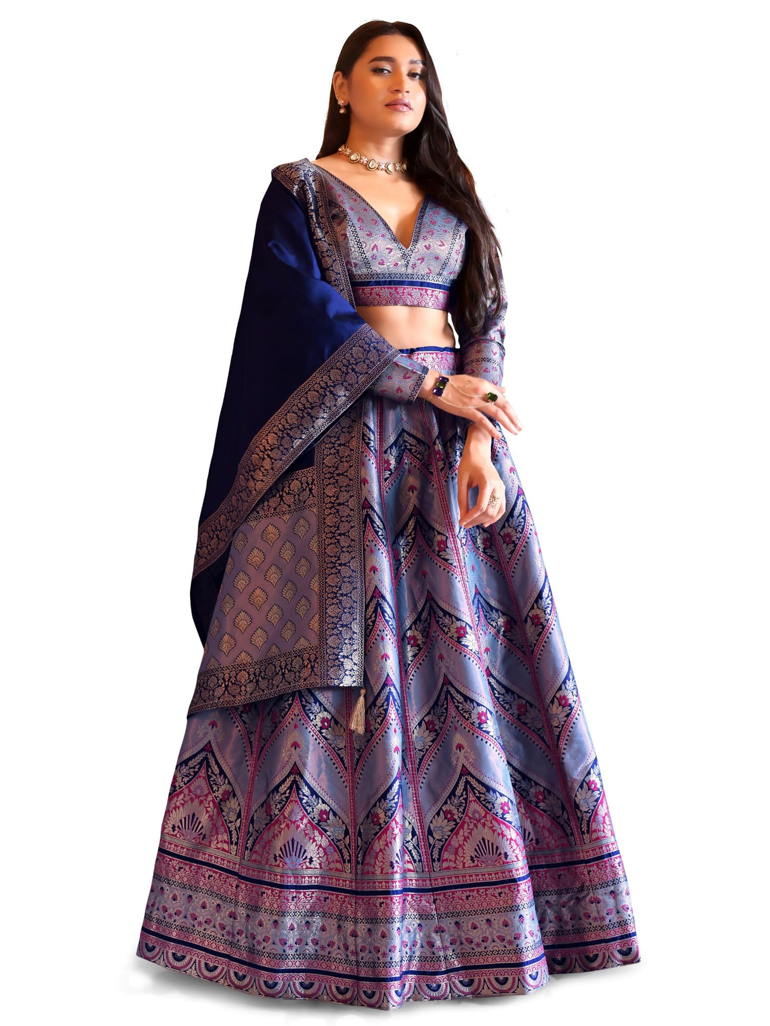 PURVAJA Women's Faux Silk lehengacholiset (Aayat-Blue Free Size)