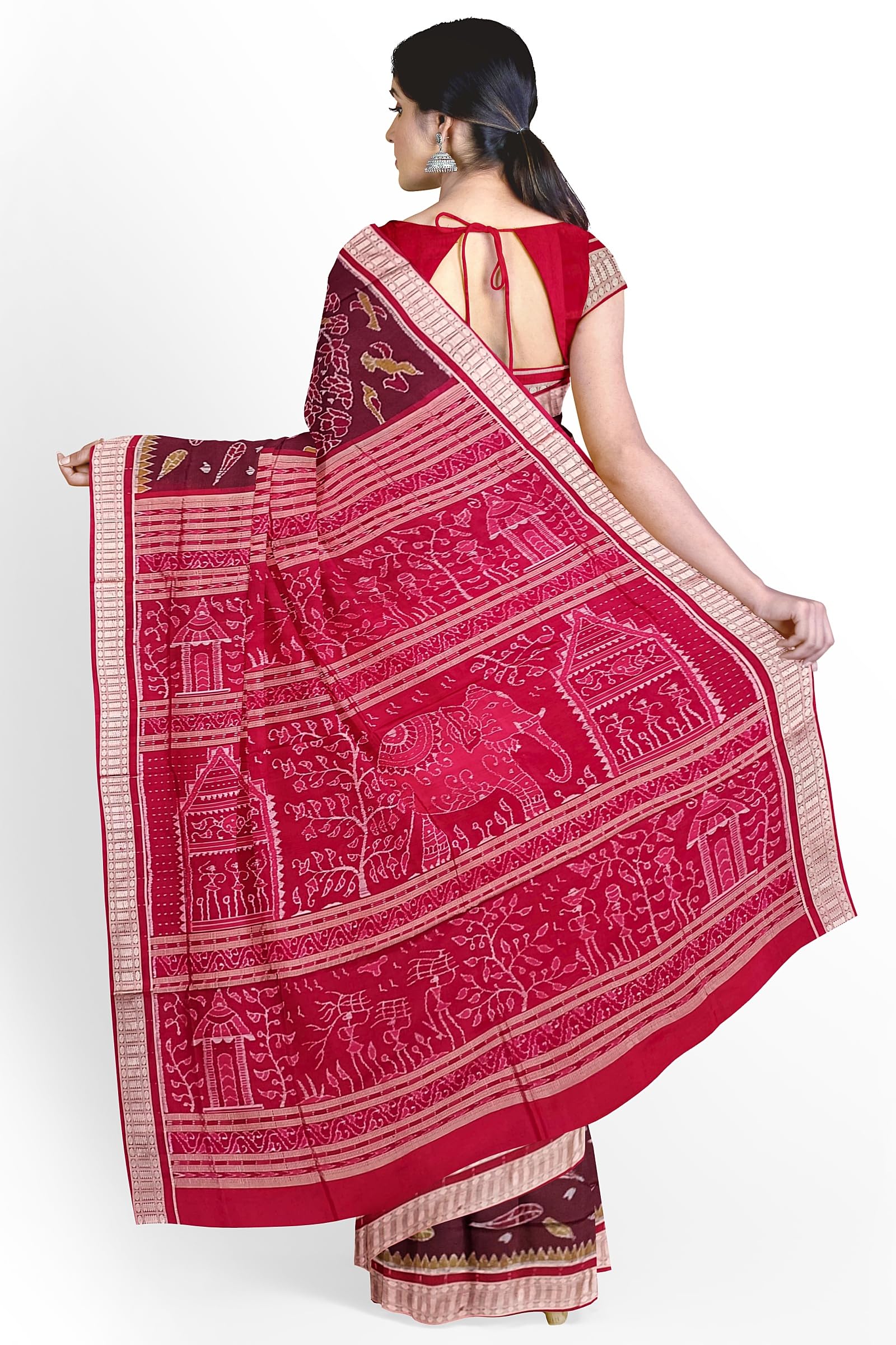 OdiKala Sambalpuri silk saree with blouse piece, Collecting Mahua flower design in coffee color base with red color pallu, boarder and blouse piece - Image 5