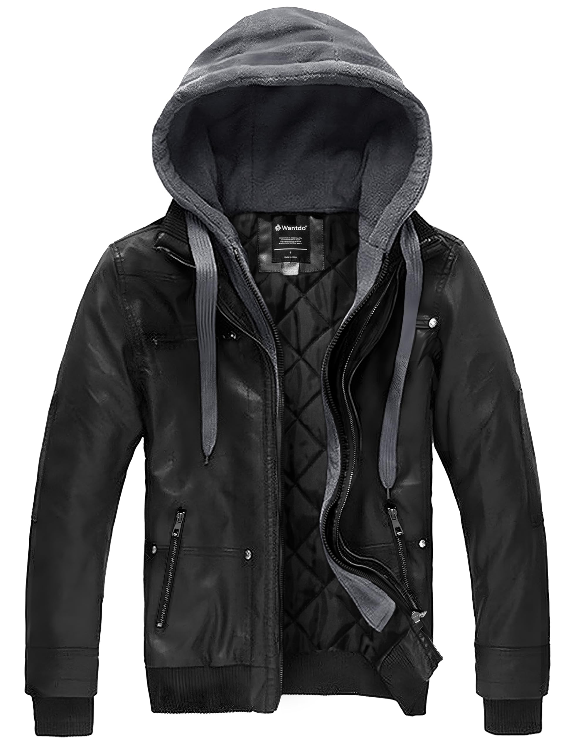 Wantdo Men's Leather Jacket with Removable Hood US XXXX-Large Black(Heavy)