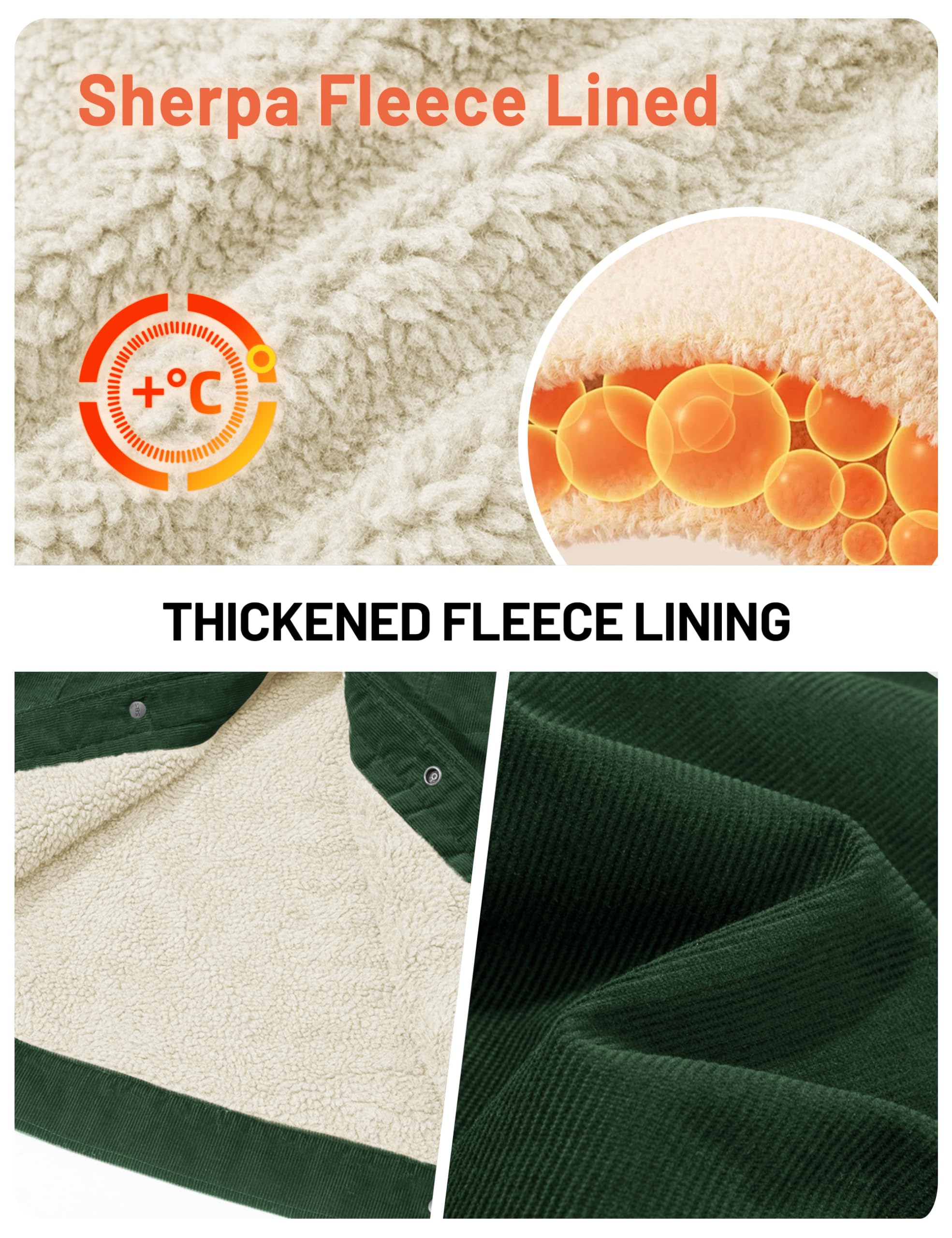 TACVASEN Men's Corduroy Jacket Fleece Sherpa Lined Winter Coats Warm Thick Cotton Casual Lapel Trucker Cargo Jacket, Green, Large - Image 4