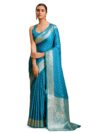 Monjolika Fashion Women's Cyan Color Banarasi Satin Silk Saree with Zari Work Enhanced Elegance Comes With Unstitched Blouse Piece