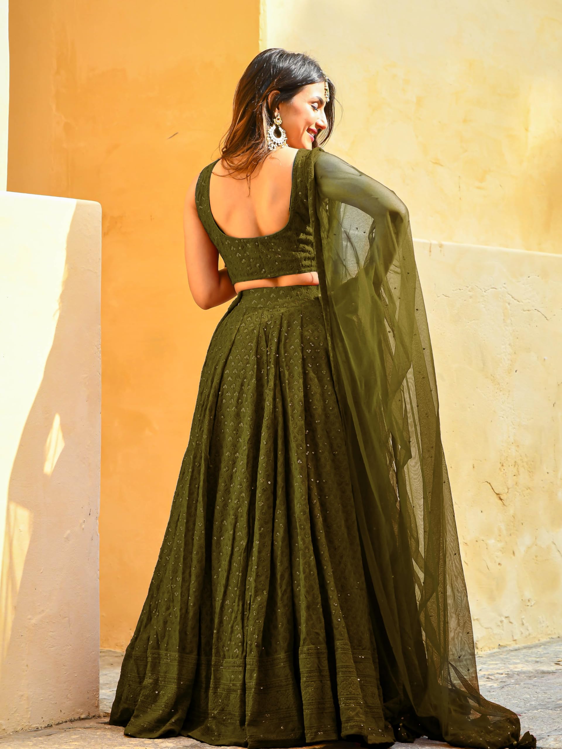 Zeel Clothing Women's Georgette Semi-Stitched Sequins Thread Embroidered Lehenga Choli With Dupatta (5124-Mehndi--Lehenga-Choli-Latest; Free Size) (Mehndi) - Image 2