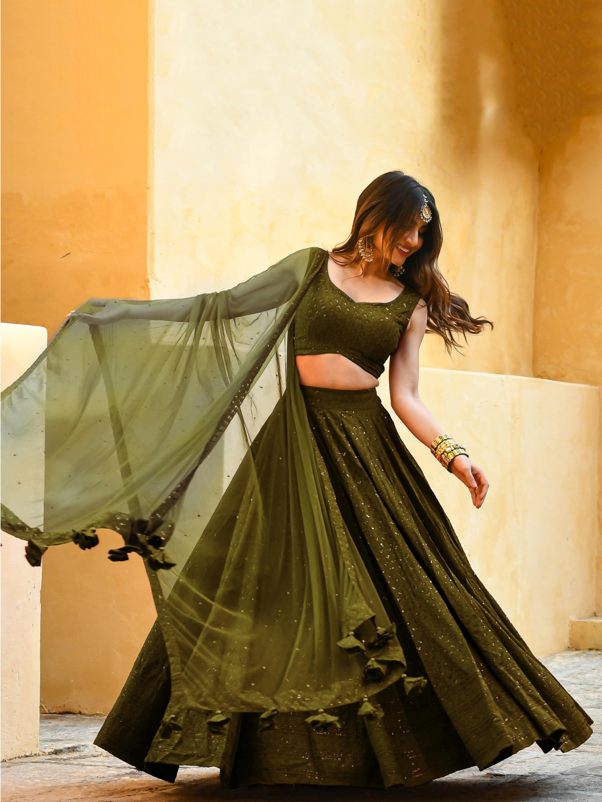 Zeel Clothing Women's Georgette Semi-Stitched Sequins Thread Embroidered Lehenga Choli With Dupatta (5124-Mehndi--Lehenga-Choli-Latest; Free Size) (Mehndi) - Image 3