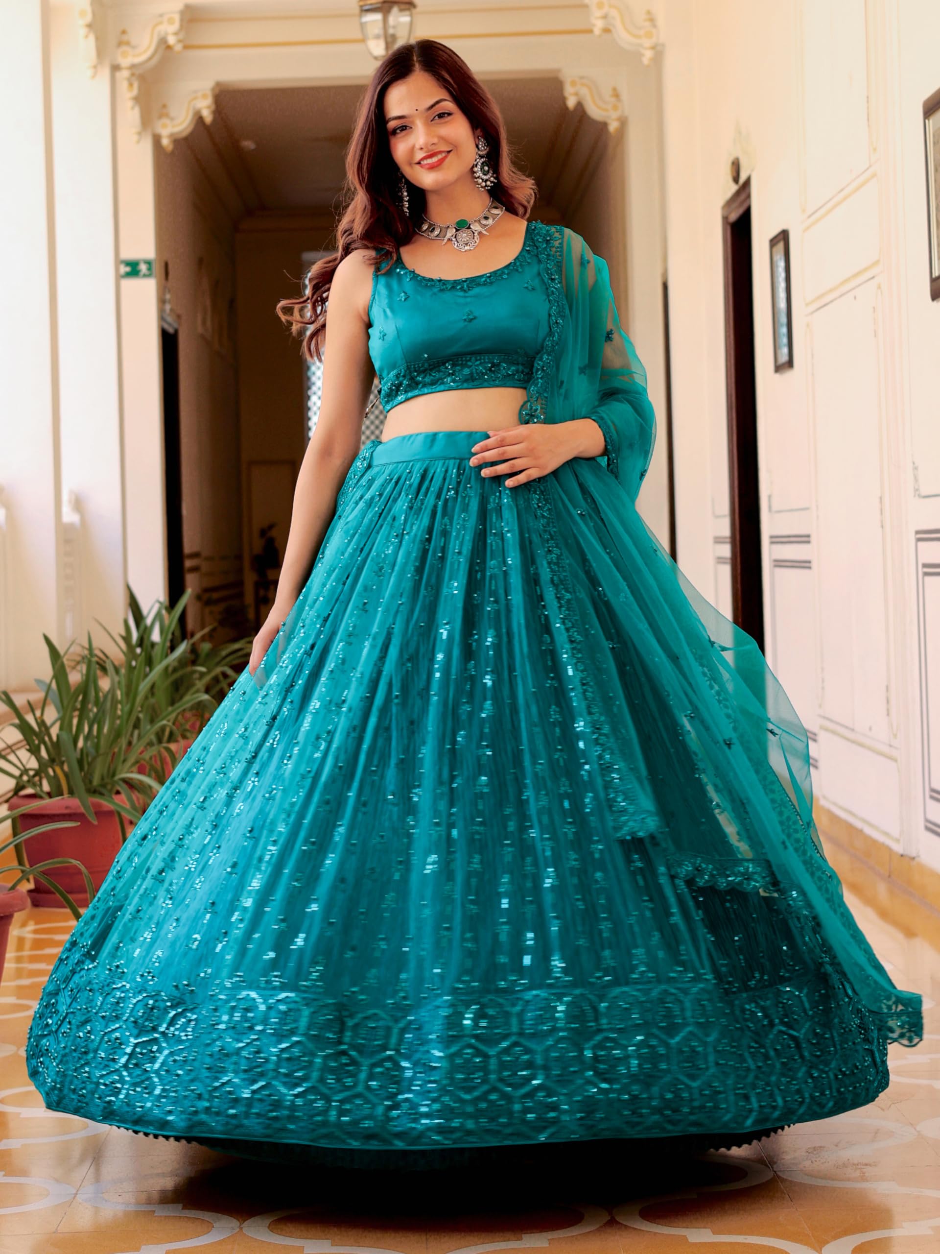 Zeel Clothing Women's Resham & Sequins Embroidered Soft Net Semi-stitched Designer Lehenga Choli Set With Dupatta (5056-Teal-Wedding-Bridal-Stylish-Latest; Free Size) - Image 7
