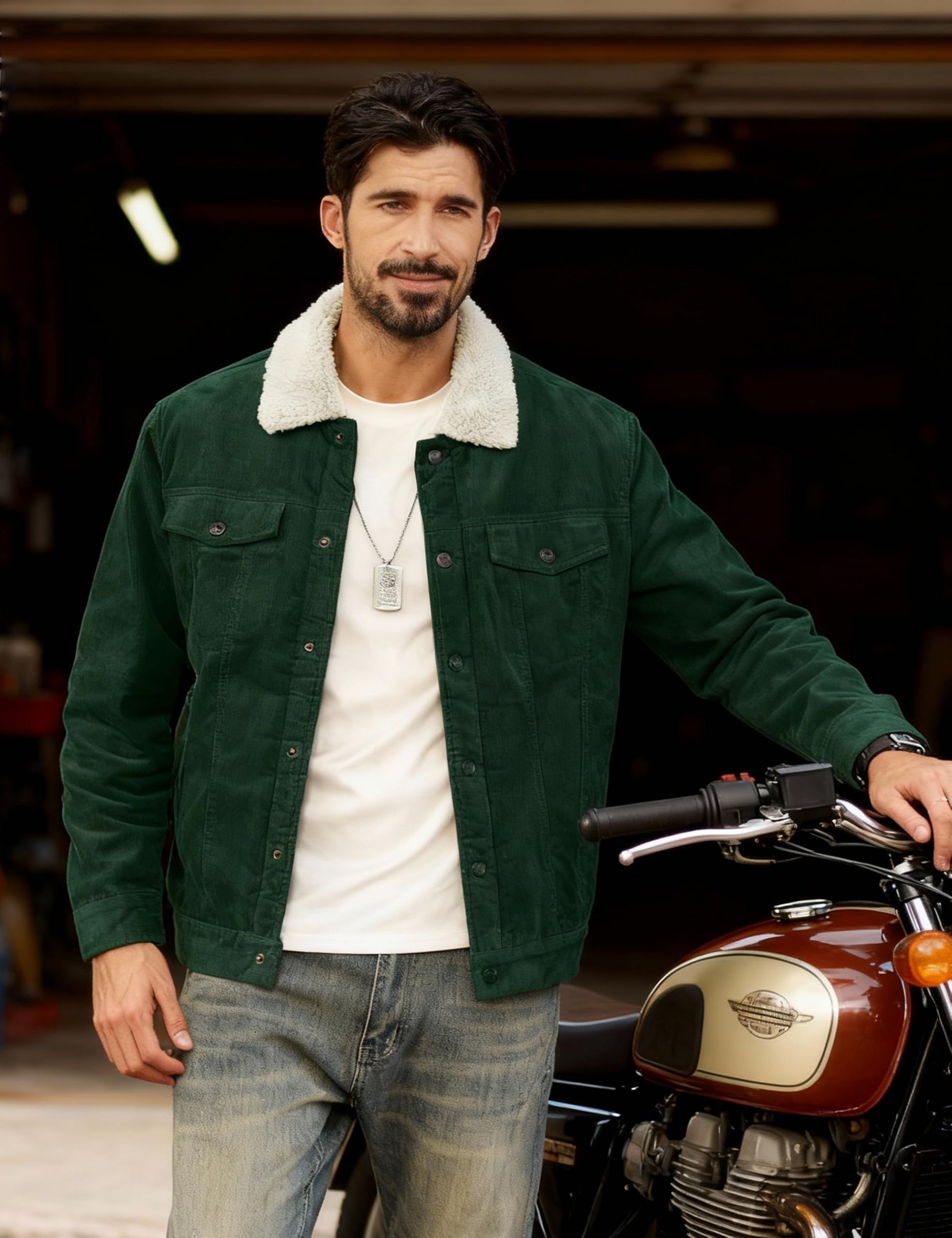 TACVASEN Men's Corduroy Jacket Fleece Sherpa Lined Winter Coats Warm Thick Cotton Casual Lapel Trucker Cargo Jacket, Green, Large - Image 6