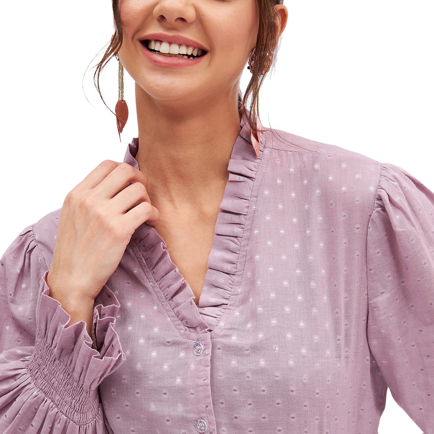 KIBO Women Pink Cotton Long Sleeve Self Design Crop Top - Medium - Image 2