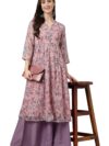 Janasya Women's Pink Chiffon Lurex Floral Printed Flared Kurta(JNE4119-KR-L)