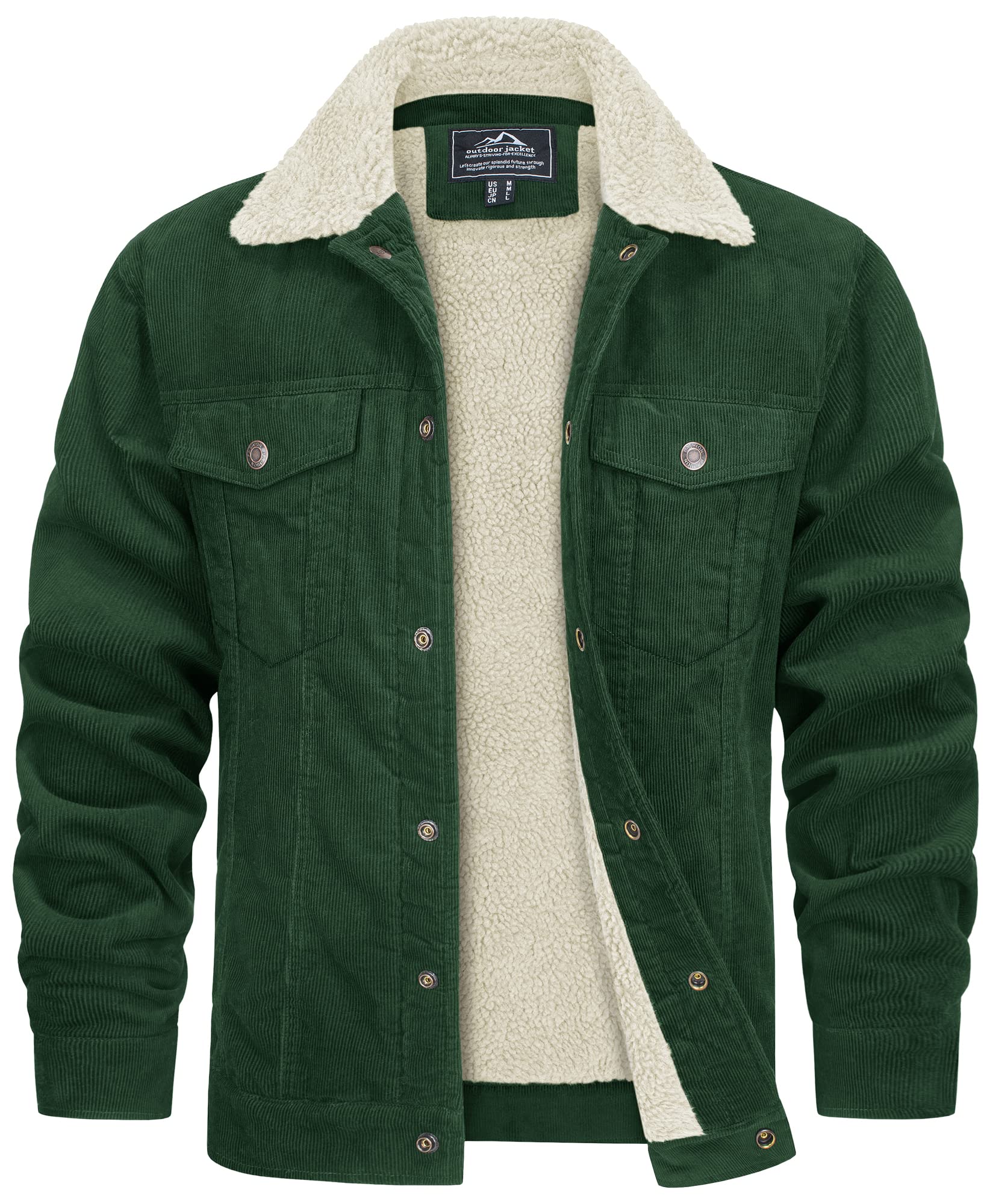 TACVASEN Men's Corduroy Jacket Fleece Sherpa Lined Winter Coats Warm Thick Cotton Casual Lapel Trucker Cargo Jacket, Green, Large