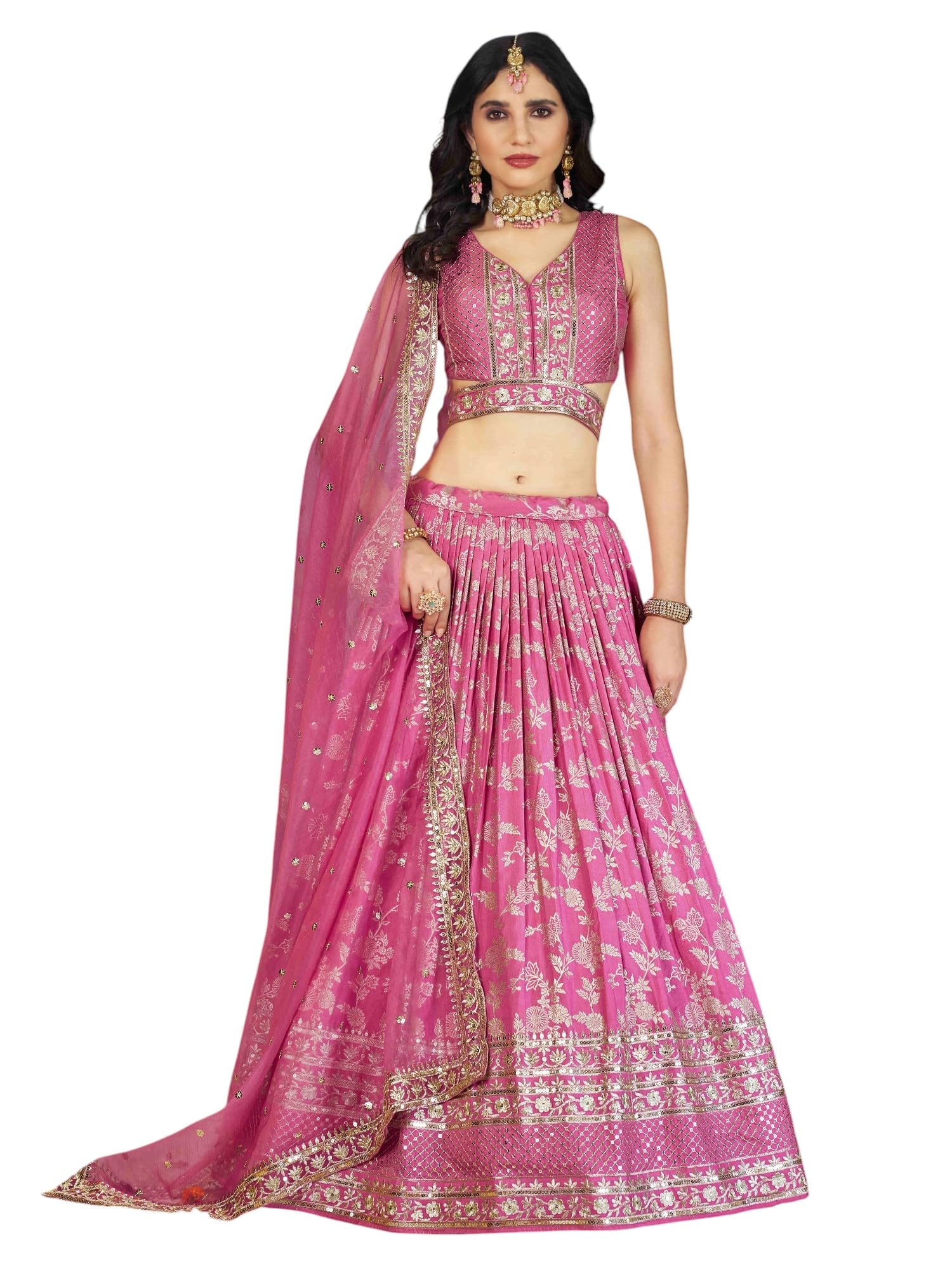 Zeel Clothing Women's Sequins Zari Embroidered Dola Silk Jacquard Lehenga Choli With Dupatta (7100-Women-Lehenga-Choli-Latest, Free size) (Pink)