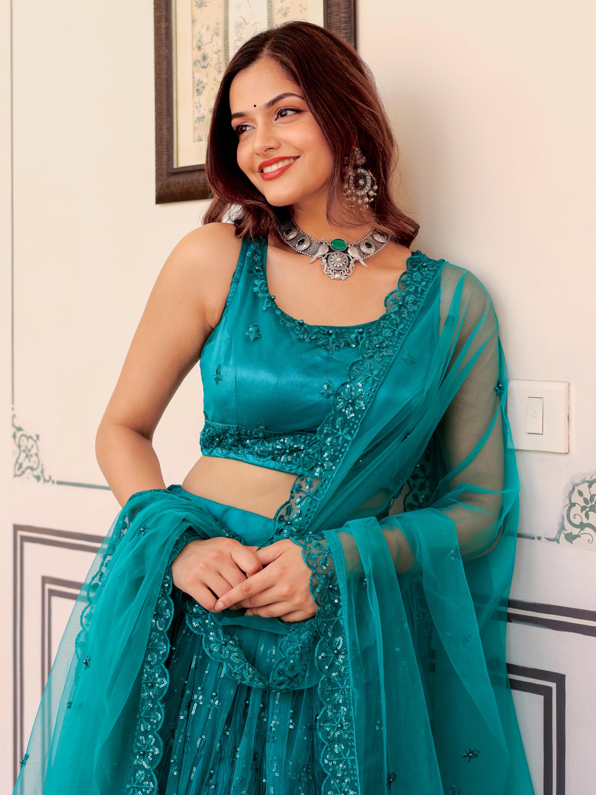 Zeel Clothing Women's Resham & Sequins Embroidered Soft Net Semi-stitched Designer Lehenga Choli Set With Dupatta (5056-Teal-Wedding-Bridal-Stylish-Latest; Free Size) - Image 5