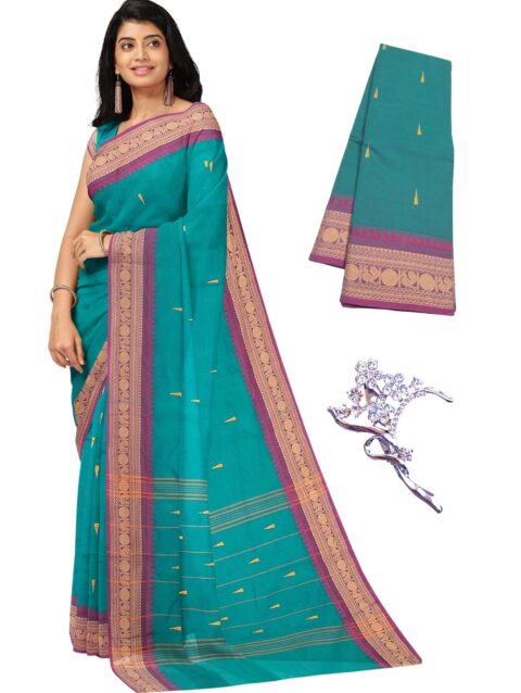 NandaVanam Women's Chettinad Cotton Sarees | Handloom Saree with Blouse | Pure Cotton Sarees for Women Daily use and All Occasion Wear| Soft, Comfort Cotton Saree (Green Cross)