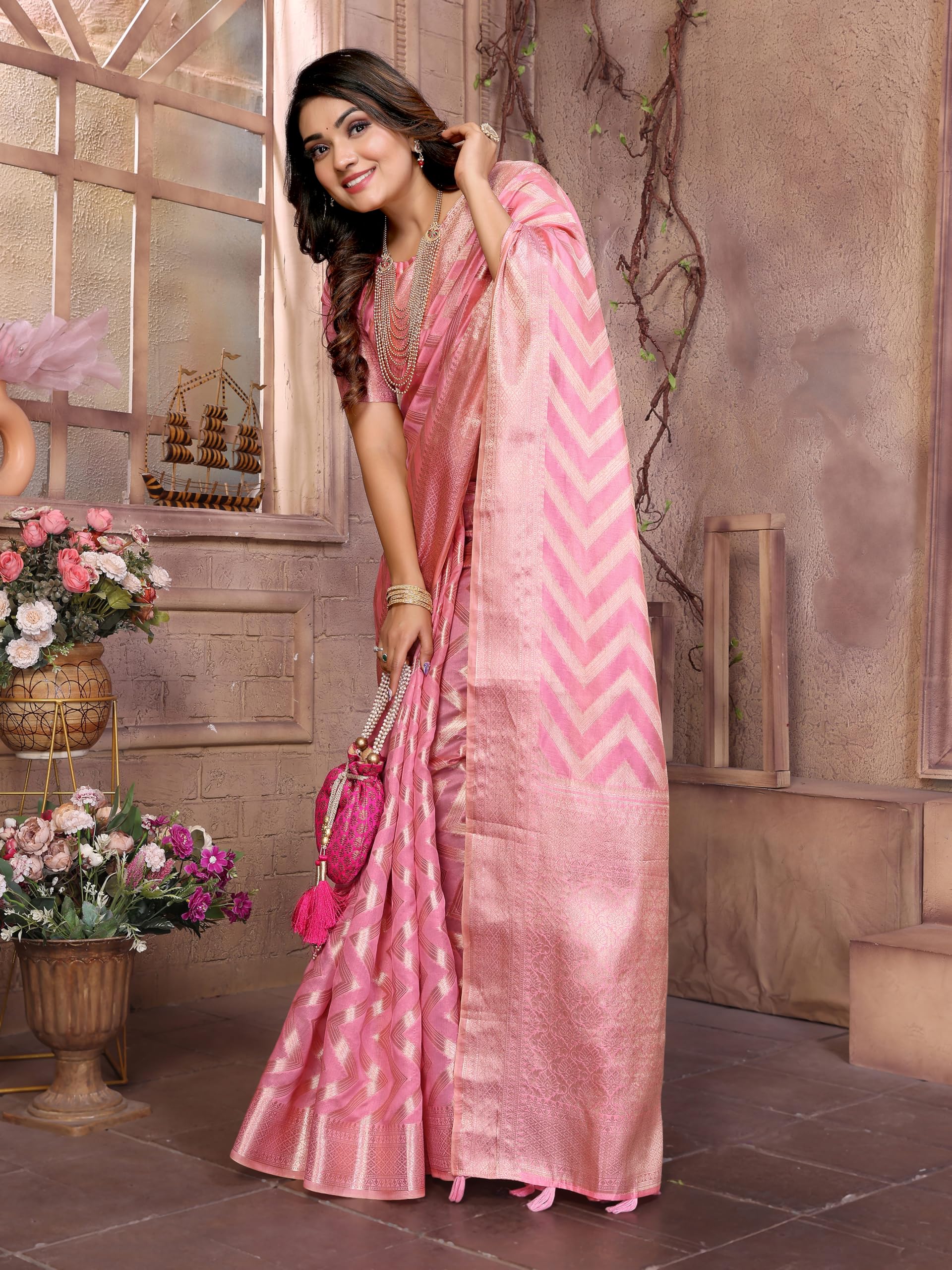 Vintro Women's Elegant Organza Silk Saree with Zari Weaving - Image 5