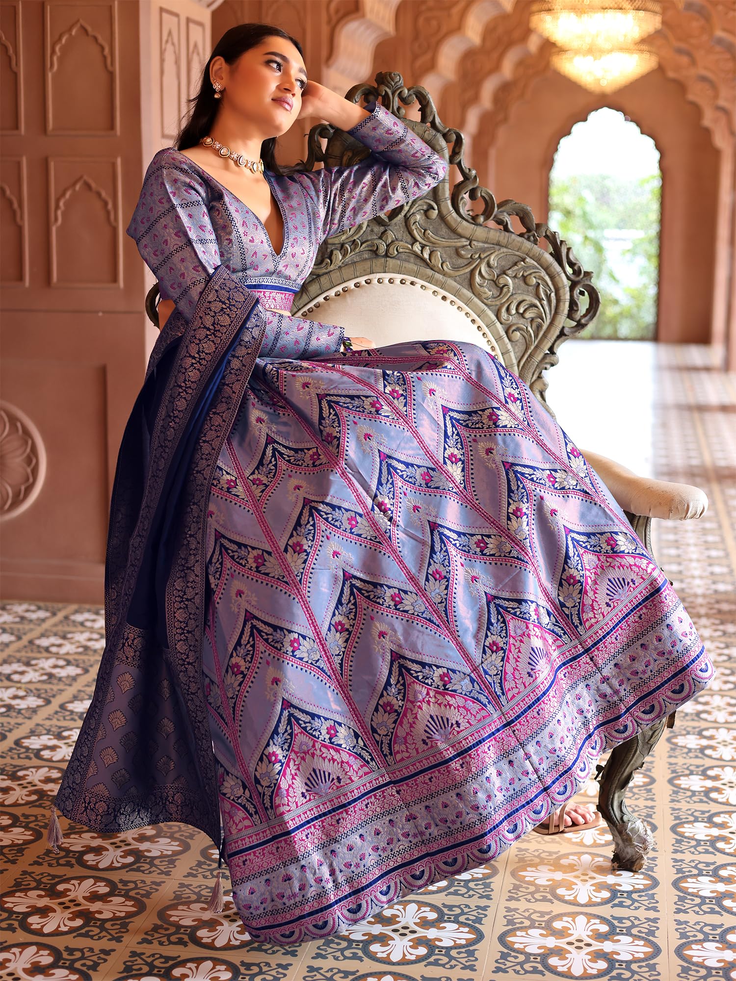 PURVAJA Women's Faux Silk lehengacholiset (Aayat-Blue Free Size) - Image 5