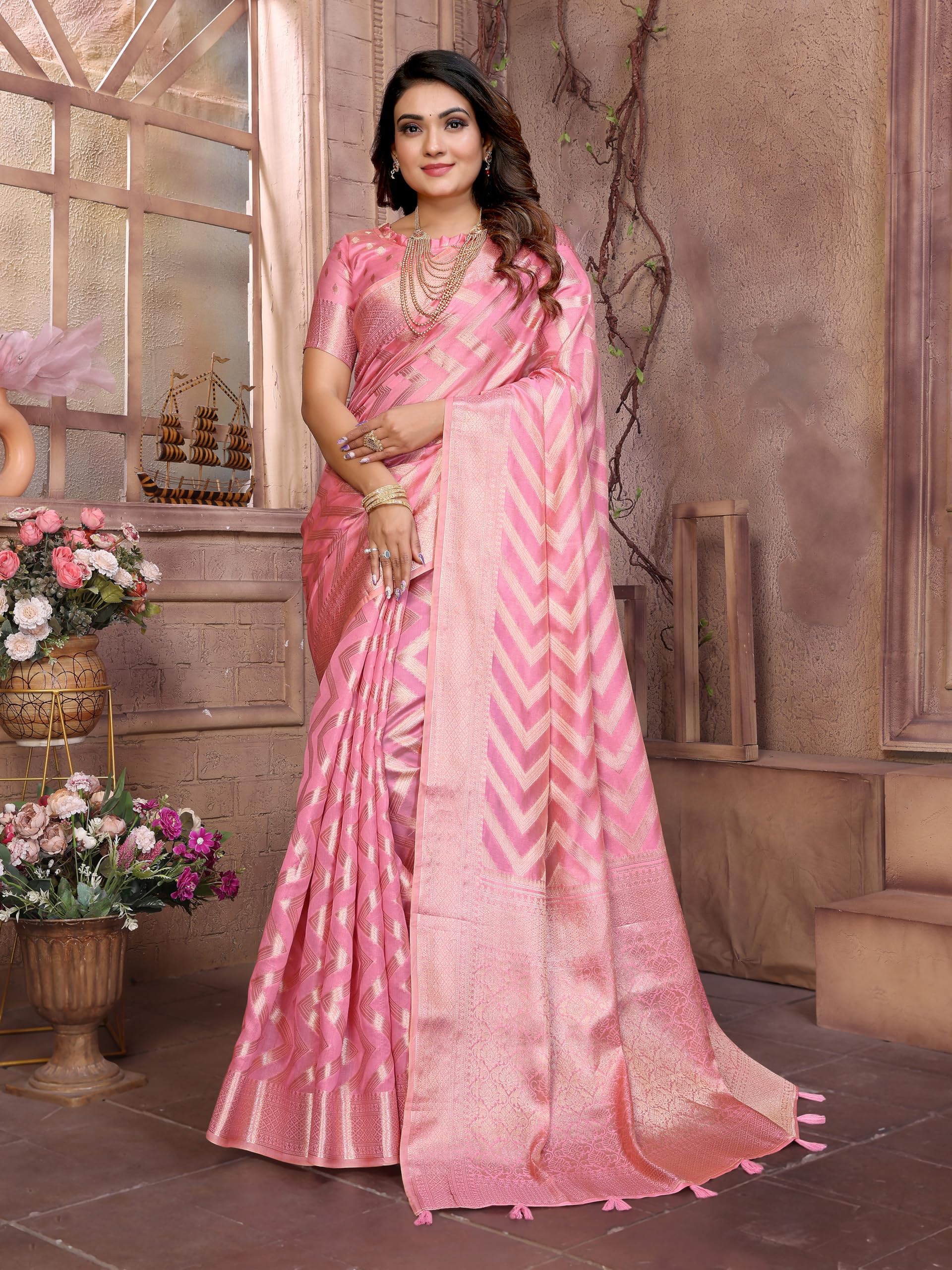 Vintro Women's Elegant Organza Silk Saree with Zari Weaving
