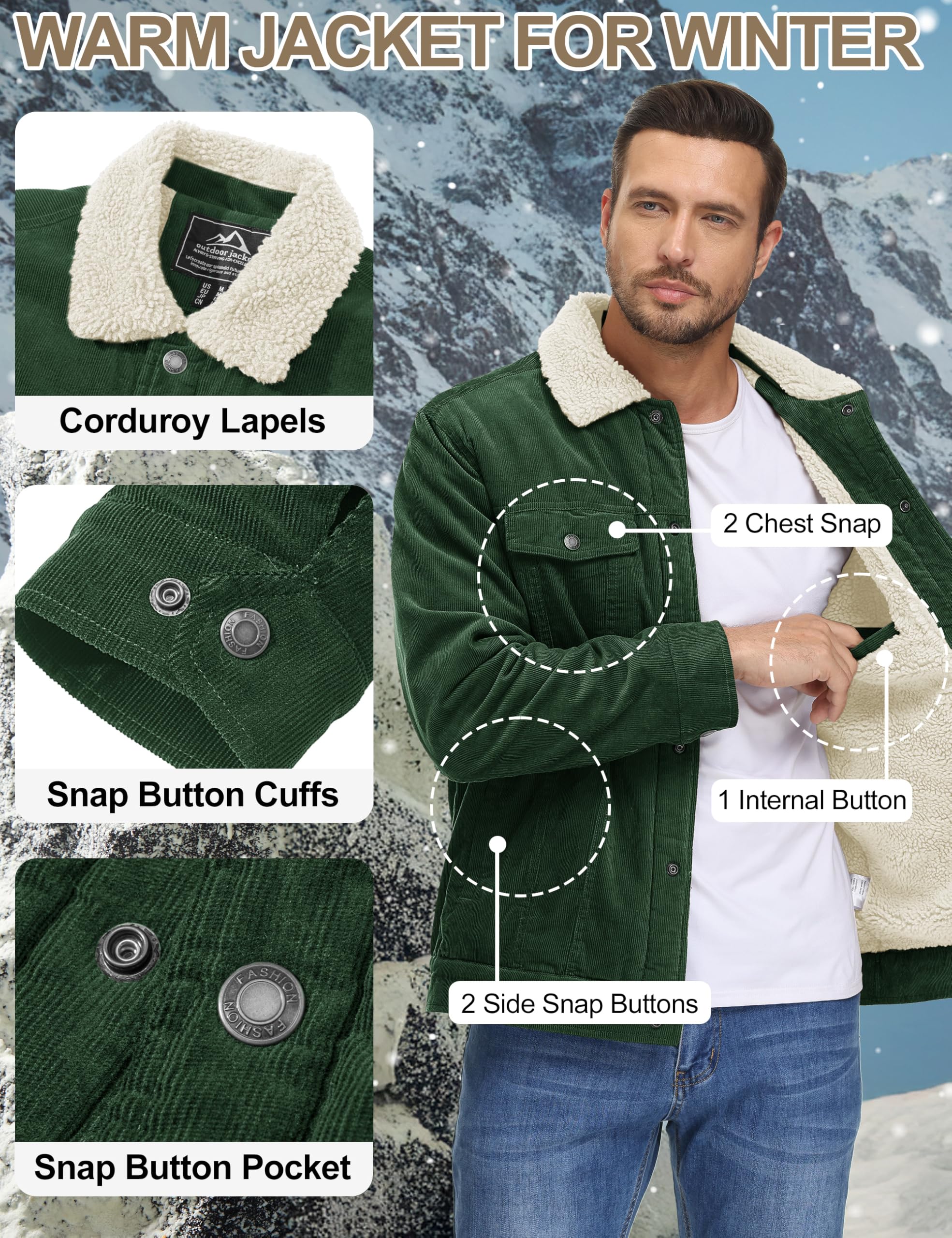 TACVASEN Men's Corduroy Jacket Fleece Sherpa Lined Winter Coats Warm Thick Cotton Casual Lapel Trucker Cargo Jacket, Green, Large - Image 3