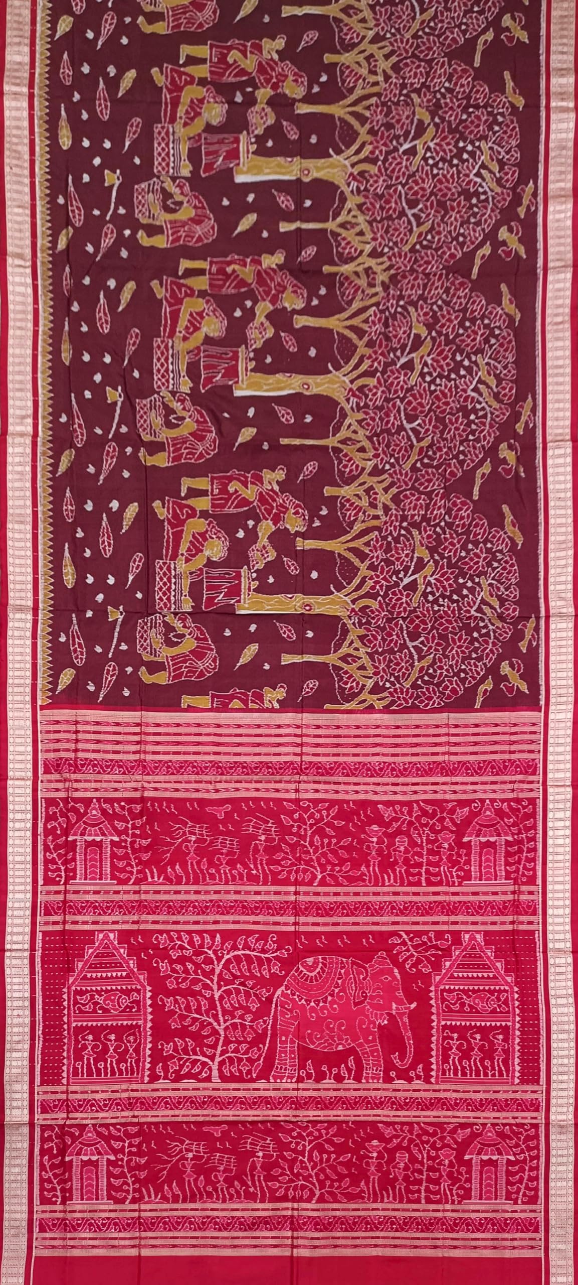 OdiKala Sambalpuri silk saree with blouse piece, Collecting Mahua flower design in coffee color base with red color pallu, boarder and blouse piece - Image 4