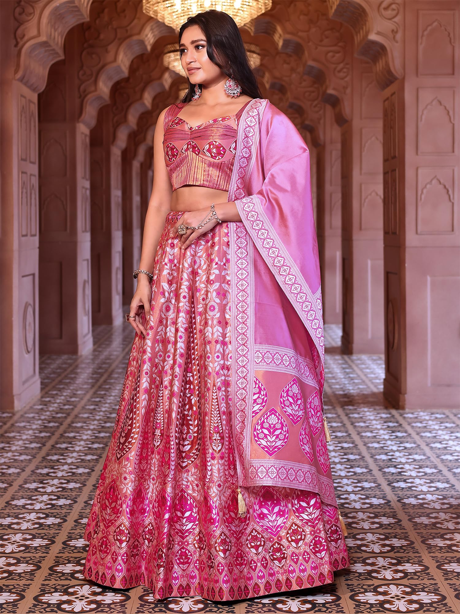 PURVAJA Women's Faux Silk lehengacholiset (Nayab-Pink Free Size) - Image 7