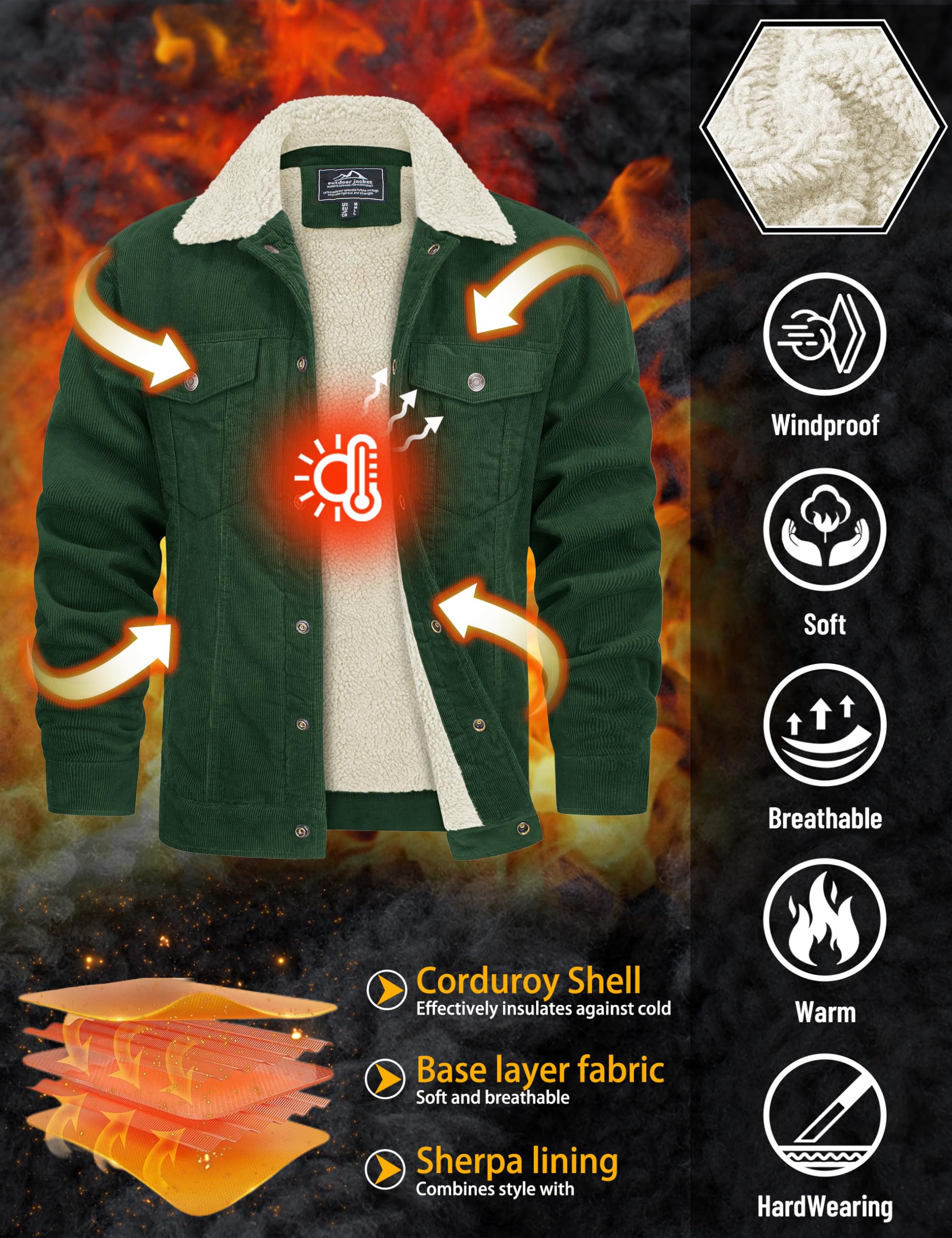 TACVASEN Men's Corduroy Jacket Fleece Sherpa Lined Winter Coats Warm Thick Cotton Casual Lapel Trucker Cargo Jacket, Green, Large - Image 7