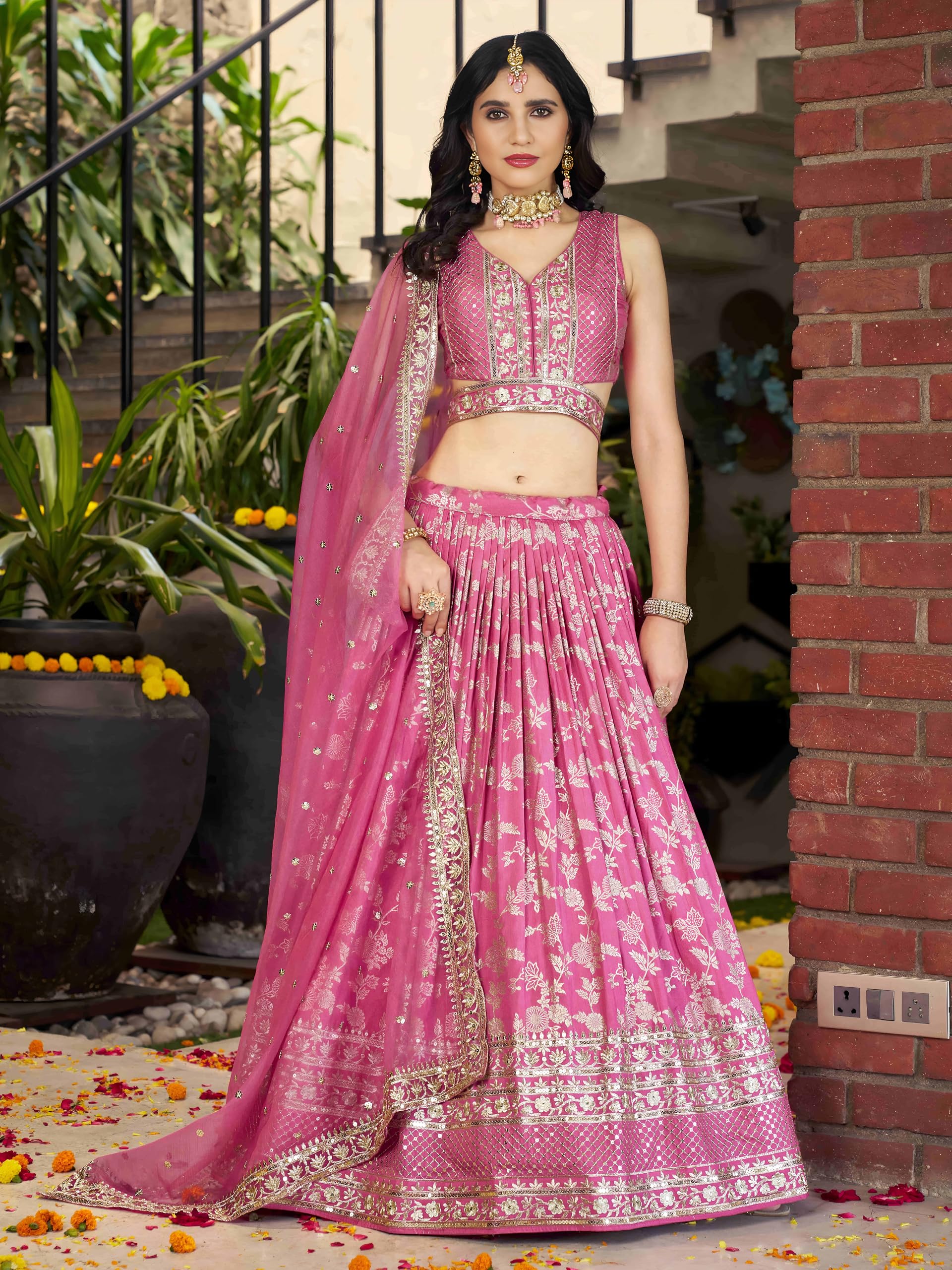 Zeel Clothing Women's Sequins Zari Embroidered Dola Silk Jacquard Lehenga Choli With Dupatta (7100-Women-Lehenga-Choli-Latest, Free size) (Pink) - Image 9