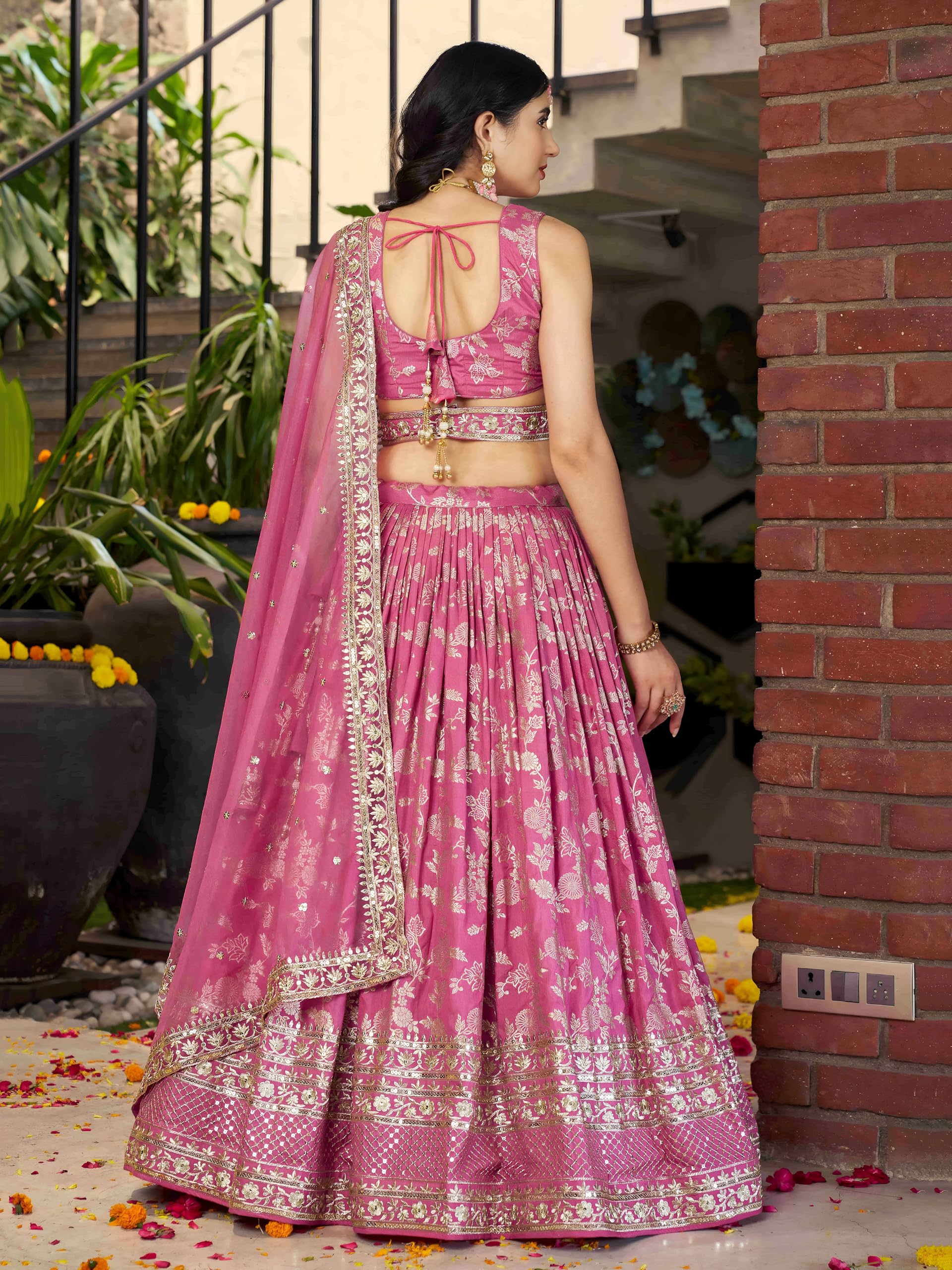 Zeel Clothing Women's Sequins Zari Embroidered Dola Silk Jacquard Lehenga Choli With Dupatta (7100-Women-Lehenga-Choli-Latest, Free size) (Pink) - Image 5